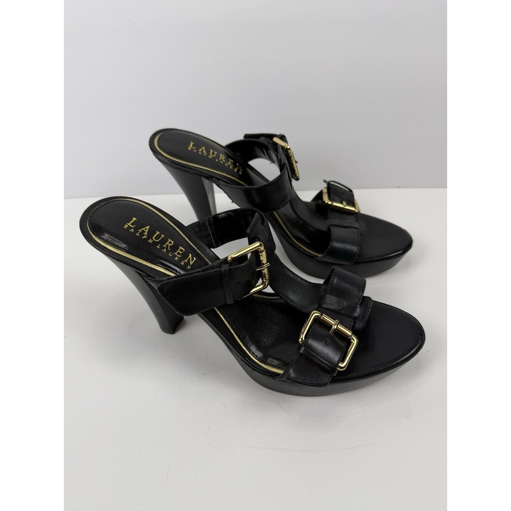 Lauren By Ralph Lauren Heels With Gold Buckles Size 6.5 Safara Black Vachetta